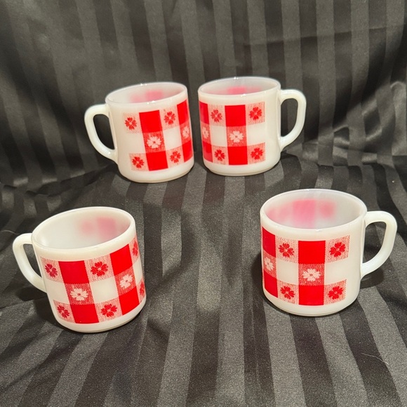 Federal Glass Other - Vintage Federal Milk Glass Mugs in Red and White Gingham with Small Flowers